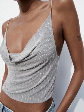 Zara Silver-Gray Rhinestone Cowl Neck Camisole